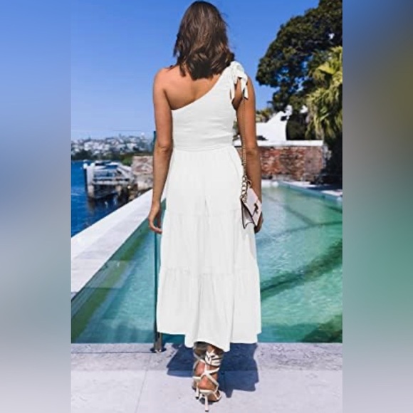 Merokeety One Shoulder Sleeveless Knot Smocked Midi Dress XL Split Tiered Flowy - Picture 3 of 13